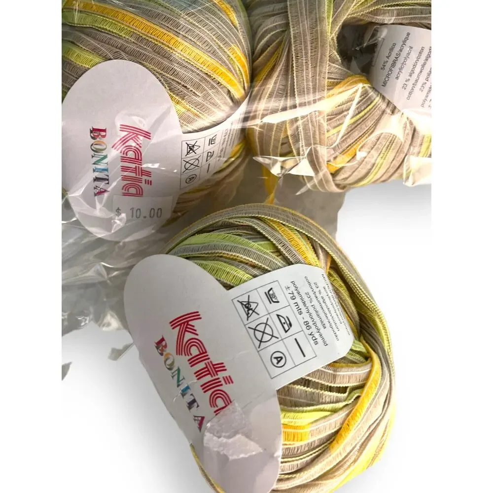 3 Skeins Katia BONITA Ribbon Yarn | Color #12 Yellow, Green, Tan